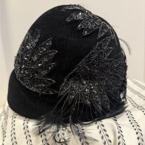 Vintage velvet beaded elegant  Black Feathered Women's Hat designed by Coralie